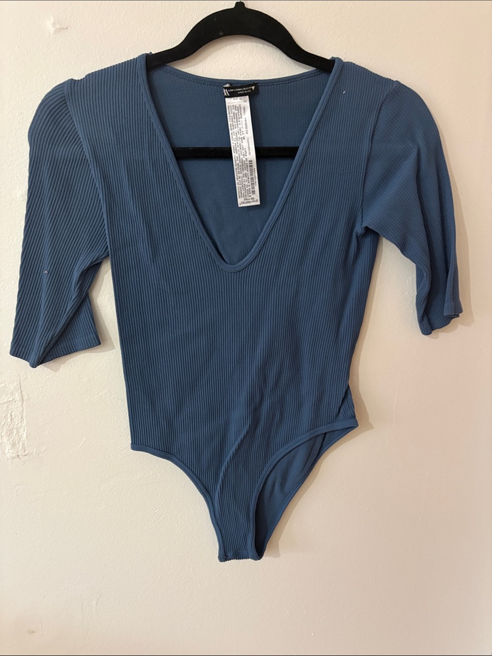 Zara Ribbed Deep V-Neck Bodysuit in Dusty Blue